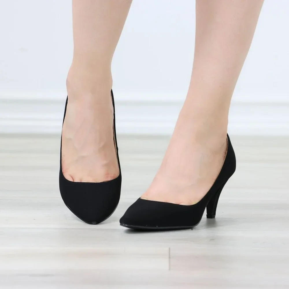 Kitten Low Heel Shoes Rockabilly Vintage Style Pointed Toe Pumps Black Nubuck - Picture 11 of 12